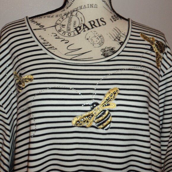 Quacker Factory Women's Plus 3X Top Shirt Striped Black White Embroidered Bee - Picture 1 of 8